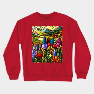 Stained Glass Colorful Mountain Meadow Crewneck Sweatshirt